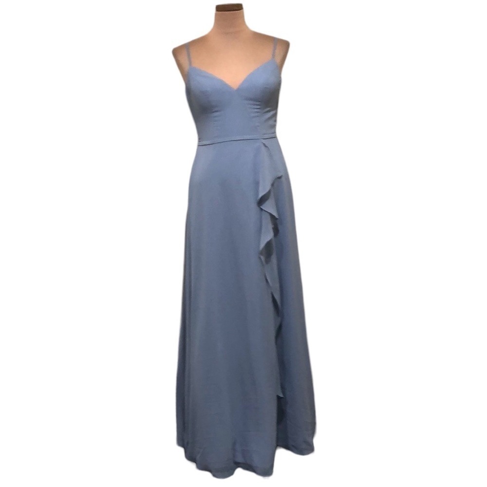 Azazie Maxi Dress Size XS Powder Light Blue Ruffle High Slit Formal Gown